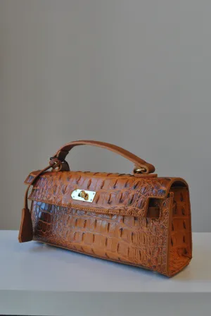 CARAMEL FAUX CROCODILE LEATHER CLUTCH / CROSSBODY HANDBAG