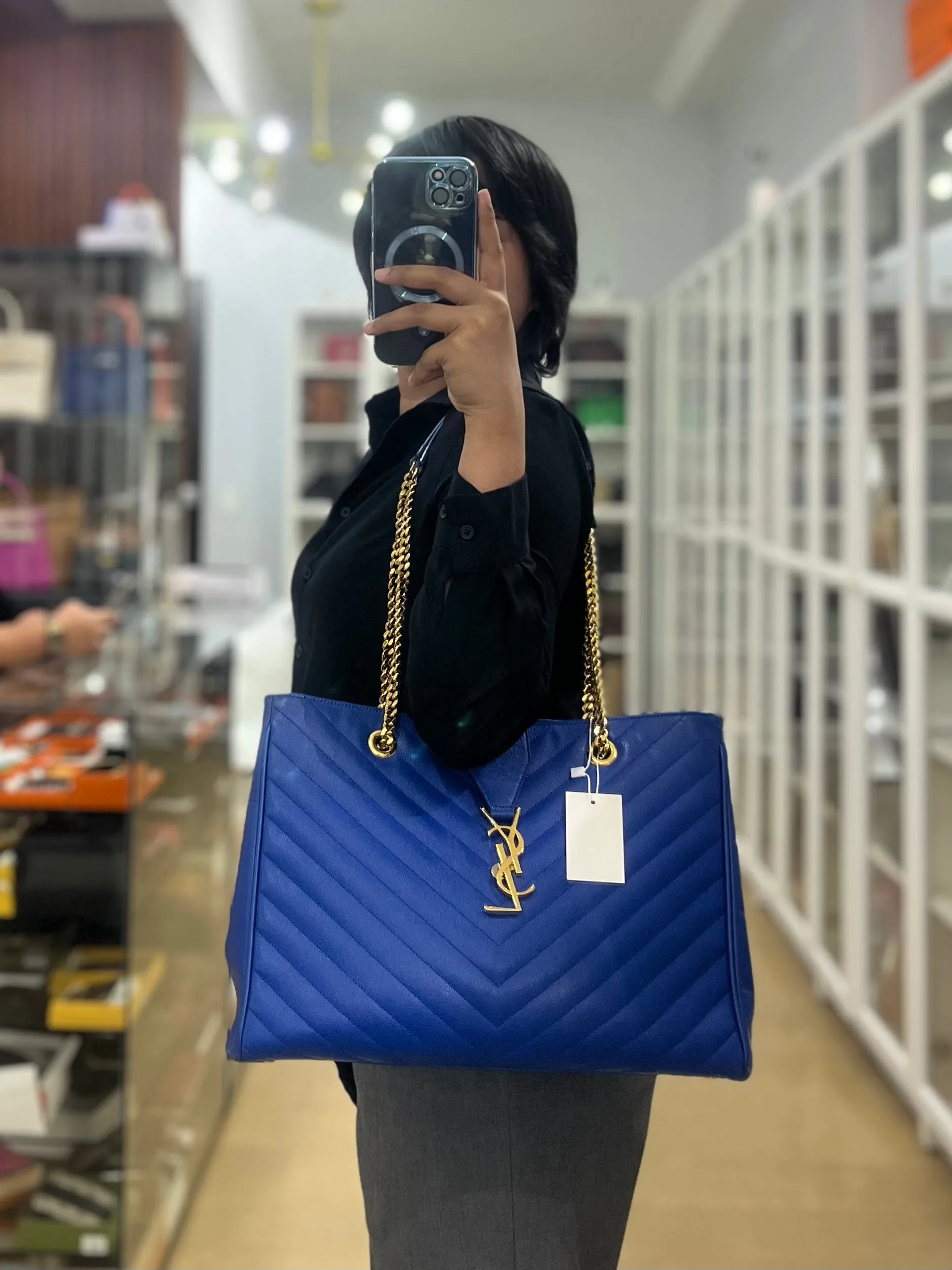 Cassandre Electric Blue Chevrone Quilted Leather Chain Bag