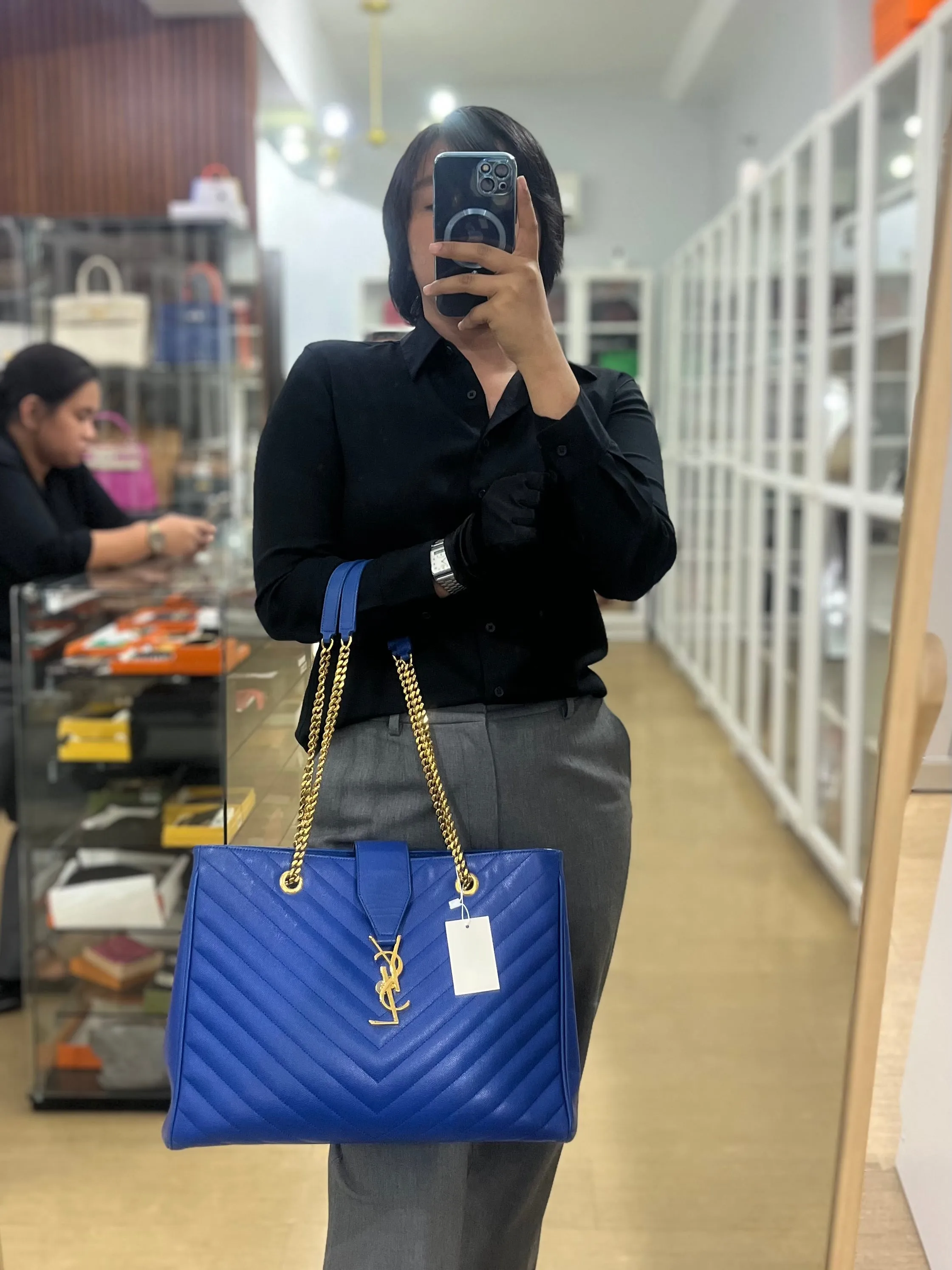 Cassandre Electric Blue Chevrone Quilted Leather Chain Bag