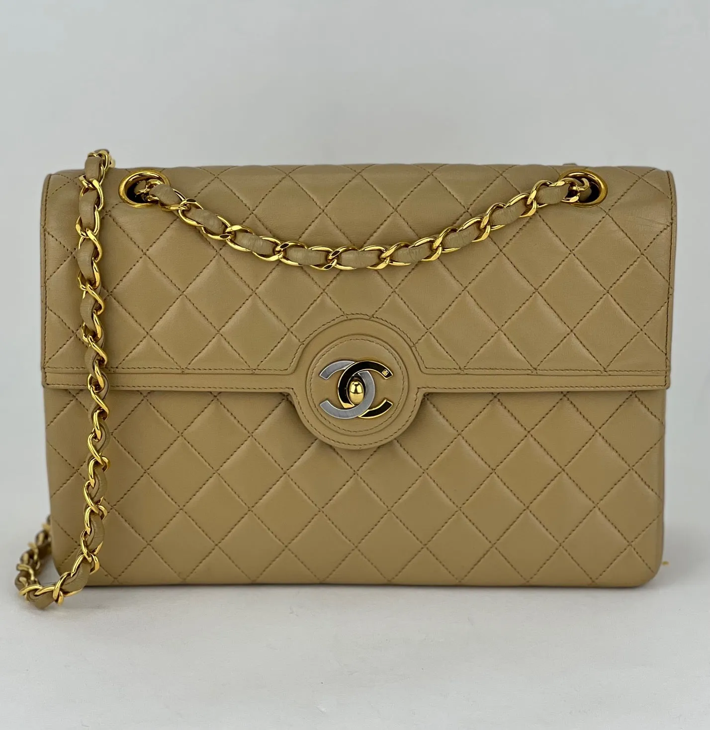 CHANEL Bag Quilted CC Single Flap Chain Shoulder Bag  Purse Beige Lambskin preowned