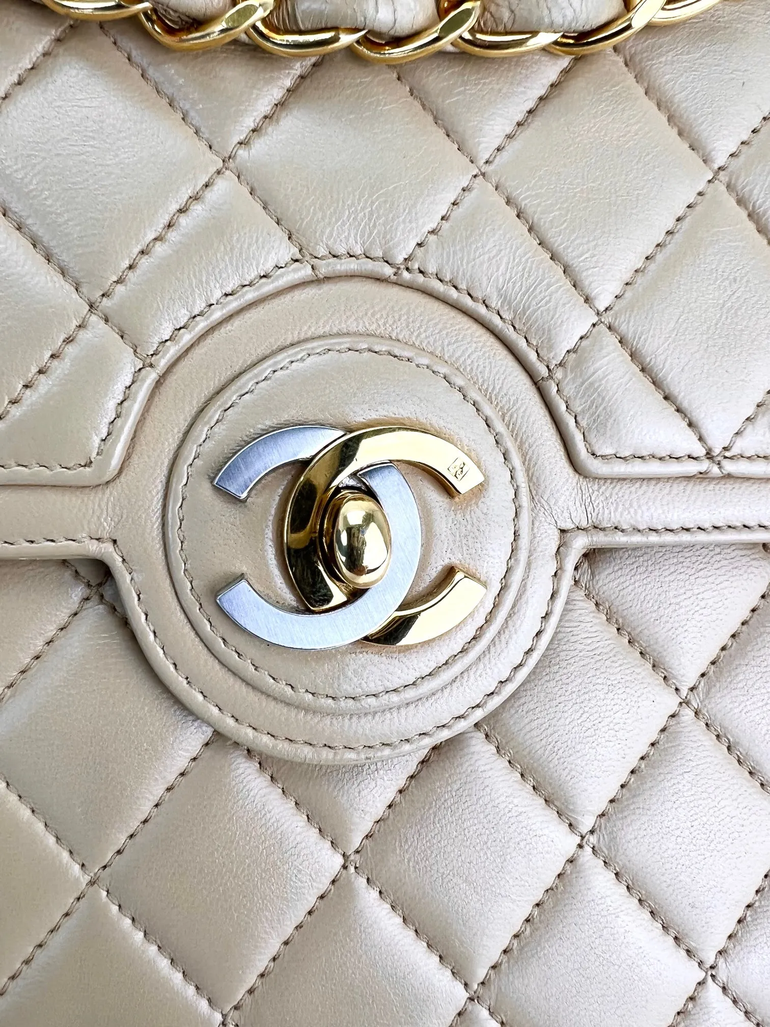 CHANEL Bag Quilted CC Single Flap Chain Shoulder Bag  Purse Beige Lambskin preowned