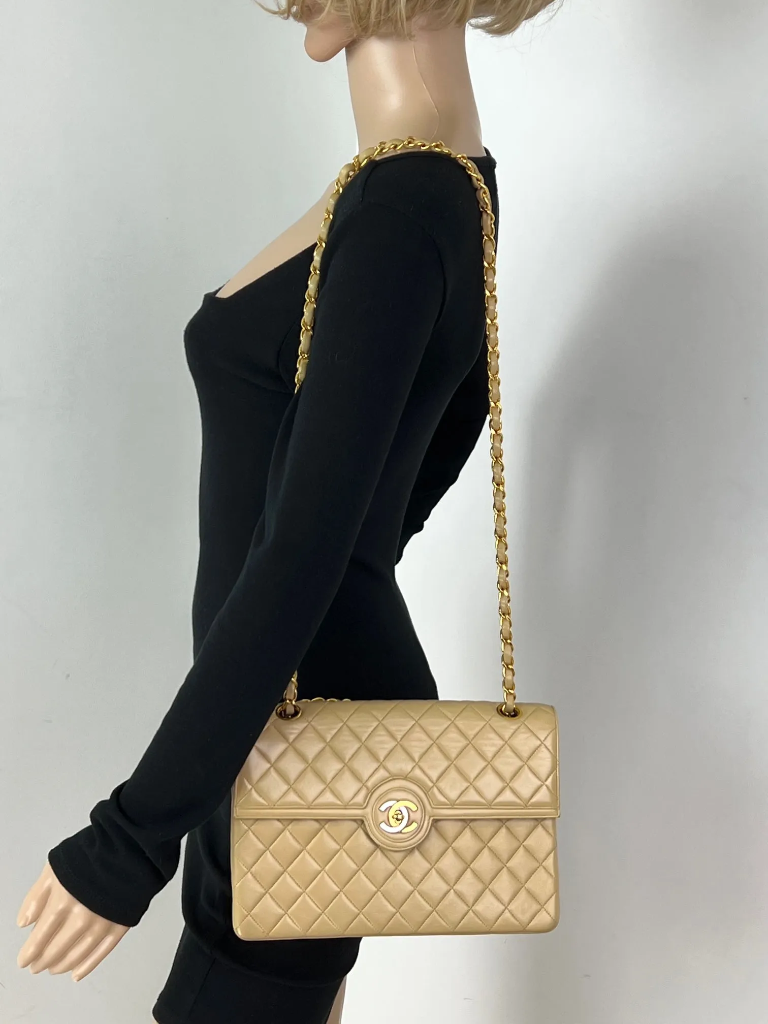 CHANEL Bag Quilted CC Single Flap Chain Shoulder Bag  Purse Beige Lambskin preowned