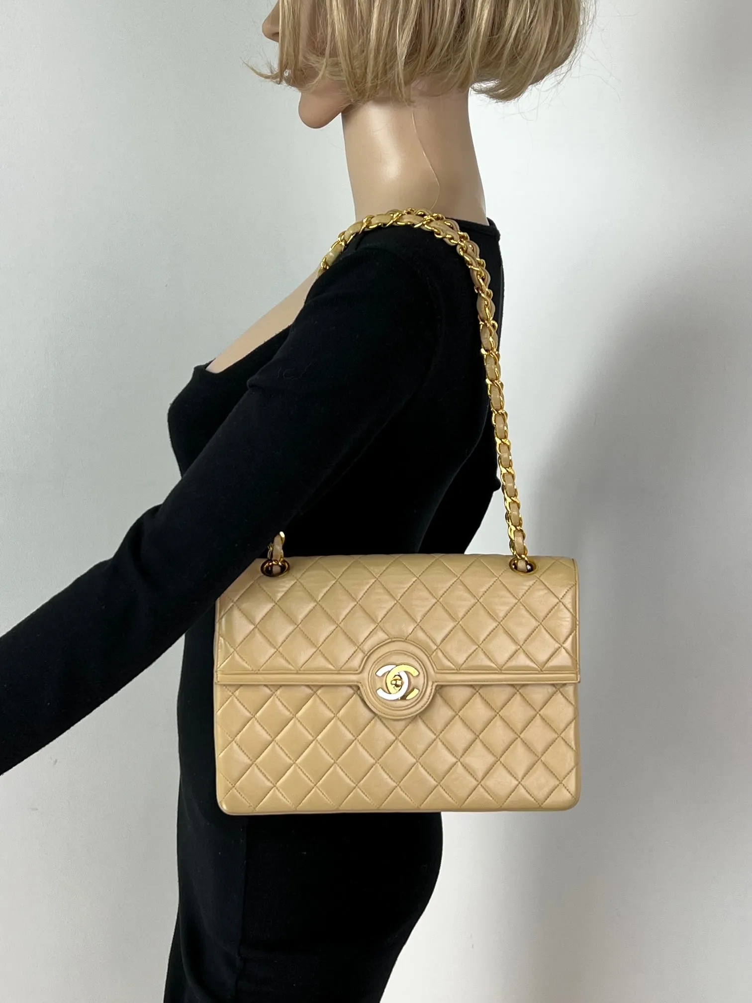 CHANEL Bag Quilted CC Single Flap Chain Shoulder Bag  Purse Beige Lambskin preowned