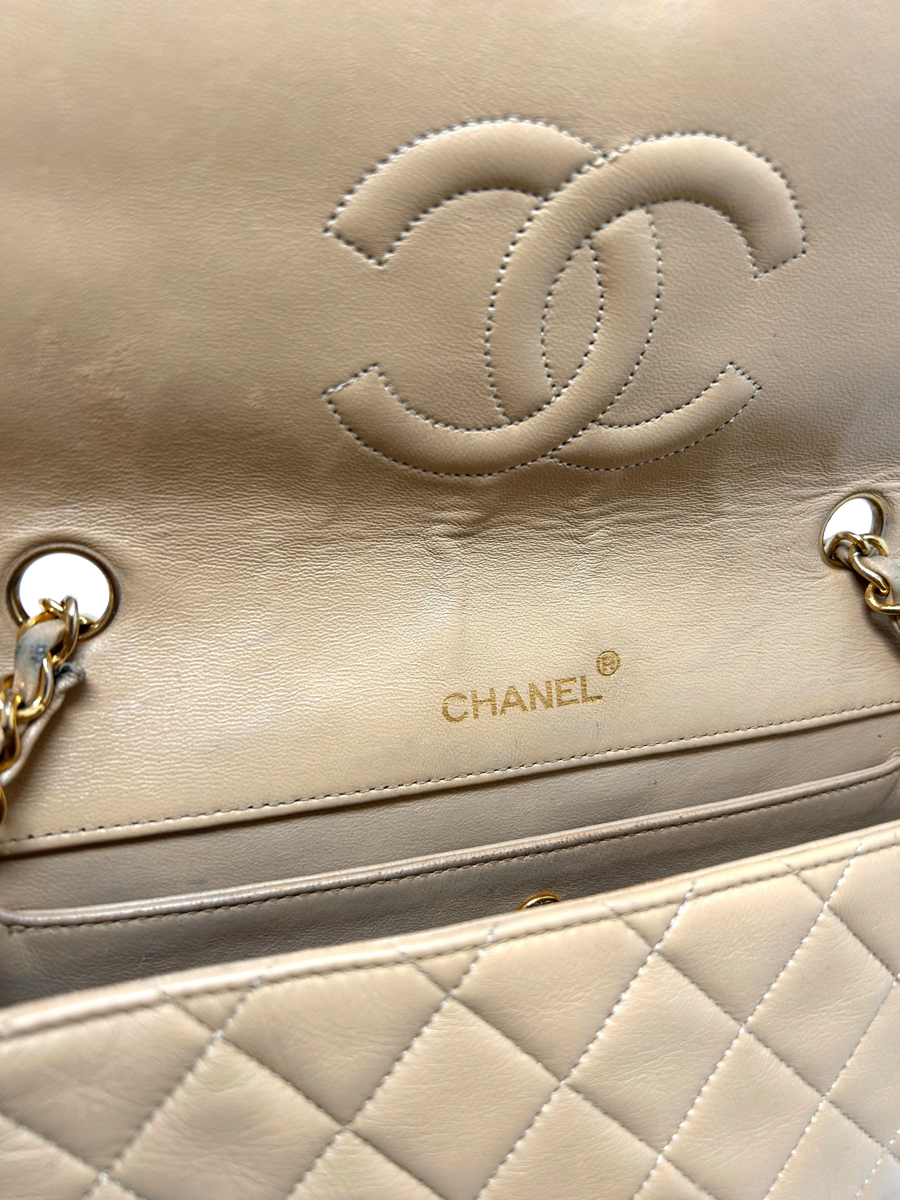 Chanel Beige Quilted Leather CC Logo Flap Shoulder Bag 24K Gold Plated - Preloved