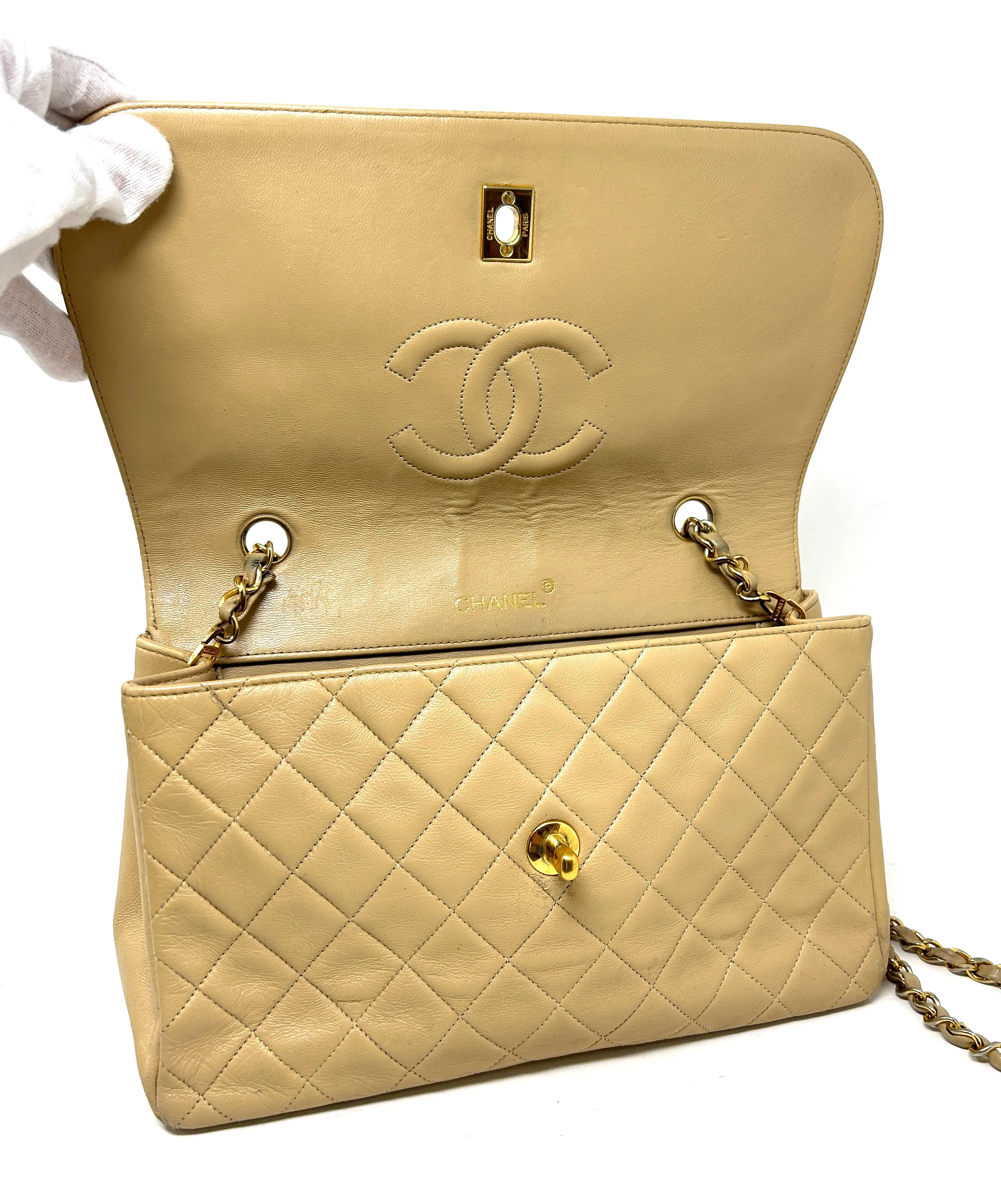 Chanel Beige Quilted Leather CC Logo Flap Shoulder Bag 24K Gold Plated - Preloved