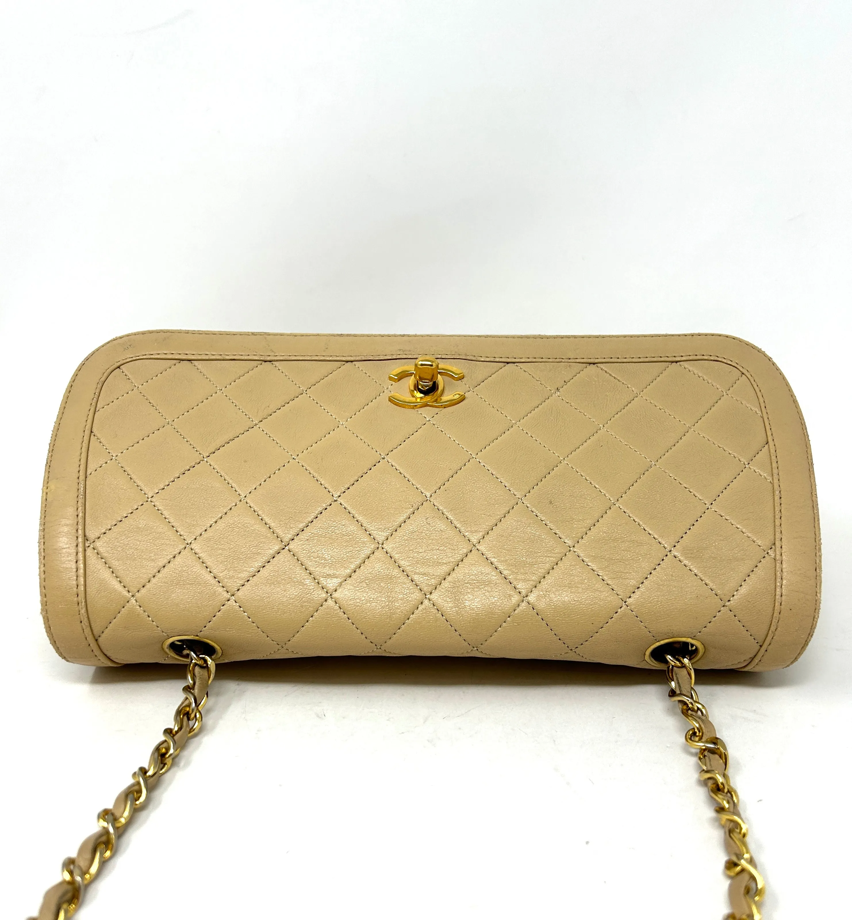 Chanel Beige Quilted Leather CC Logo Flap Shoulder Bag 24K Gold Plated - Preloved