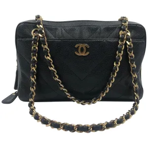 Chanel Black Quilted Chevron Caviar Leather Zip Chain Shoulder Bag