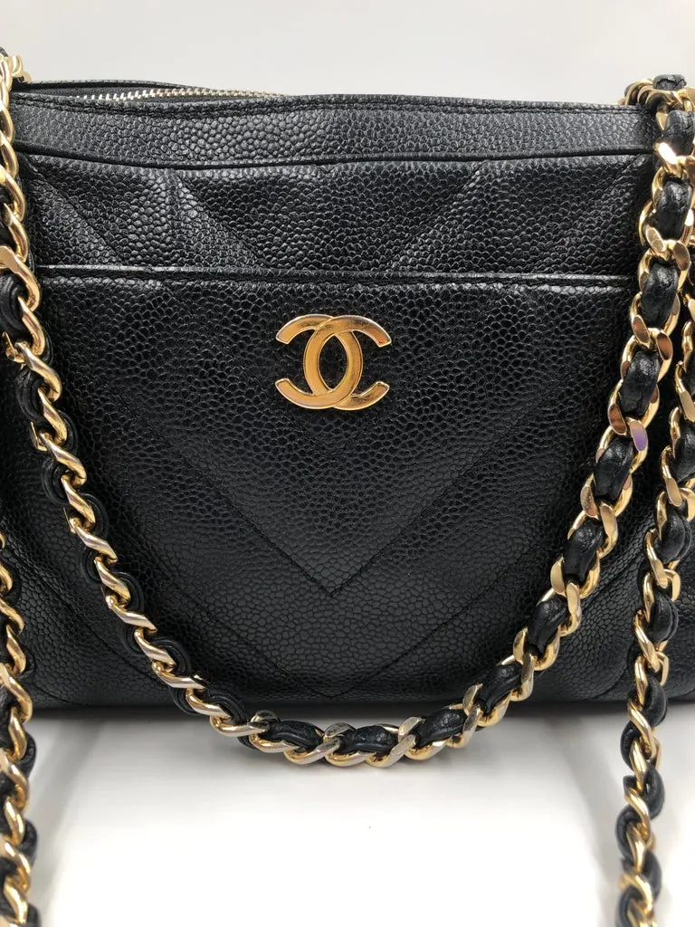 Chanel Black Quilted Chevron Caviar Leather Zip Chain Shoulder Bag