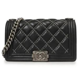 Chanel Black Quilted Iridescent Calfskin Embellished Double Stitch Medium Boy Bag