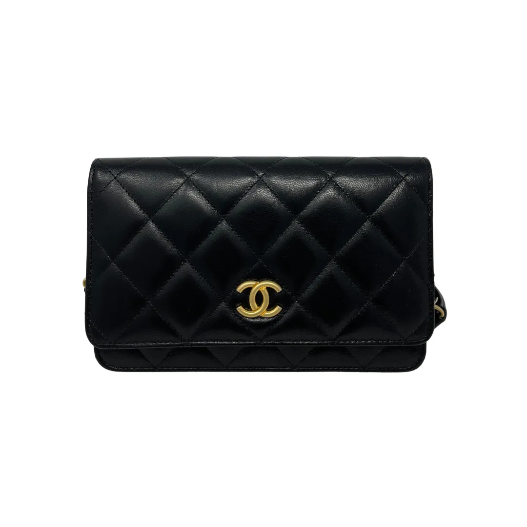 Chanel Black Quilted Lambskin Wallet On Chain Brushed Gold and Silver Hardware