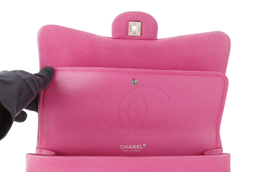 CHANEL CLASSIC DOUBLE FLAP BAG JUMBO FUSCHIA SUEDE CAVIAR SILVER HARDWARE (1803xxxx) NO DUST COVER