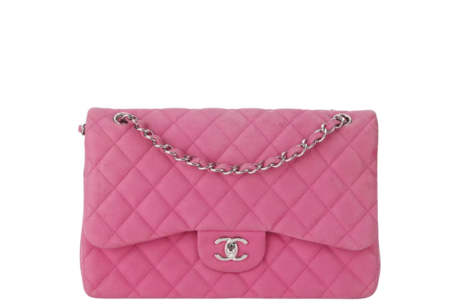 CHANEL CLASSIC DOUBLE FLAP BAG JUMBO FUSCHIA SUEDE CAVIAR SILVER HARDWARE (1803xxxx) NO DUST COVER