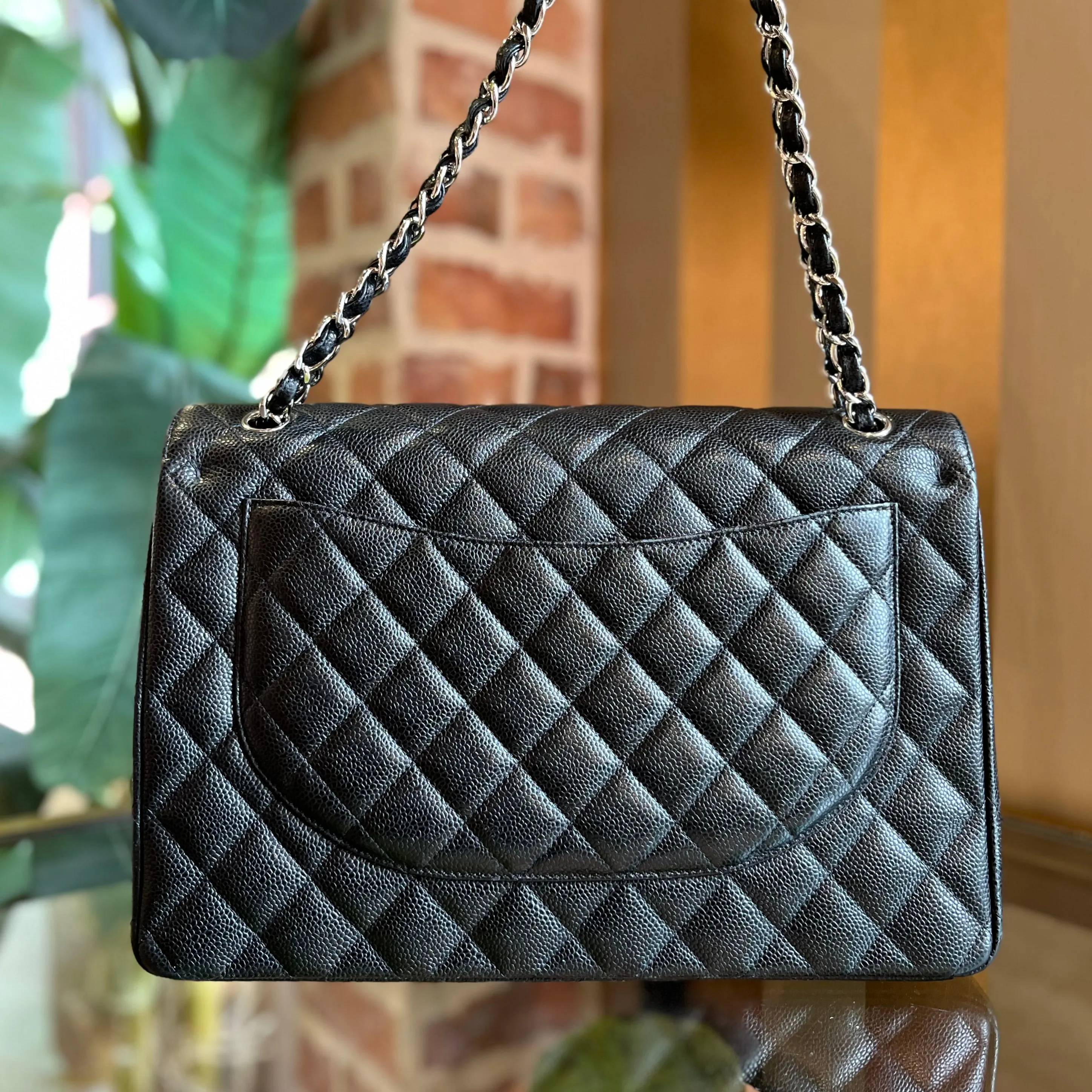 CHANEL Double Flap Maxi Black Caviar Leather Quilted Shoulder Bag