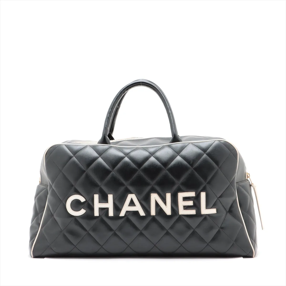 Chanel Logo Matelasse Black Quilted Calfskin Bowler Boston Bag #2504