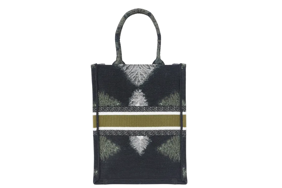 CHRISTIAN DIOR TIE VERTICAL BOOK TOTE (50-MA-0260) BLACK, GREEN & WHITE  CANVAS WITH CARD, DUST COVER AND BOX