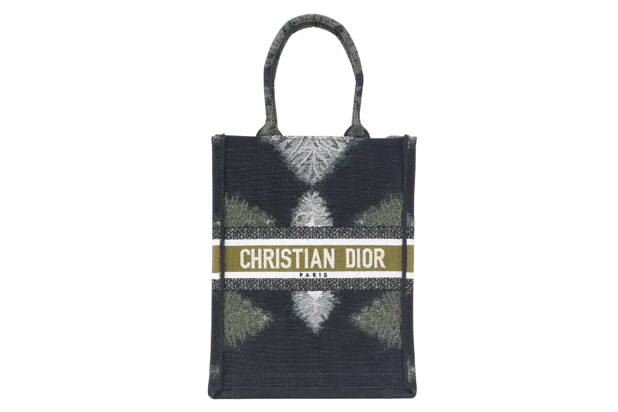 CHRISTIAN DIOR TIE VERTICAL BOOK TOTE (50-MA-0260) BLACK, GREEN & WHITE  CANVAS WITH CARD, DUST COVER AND BOX
