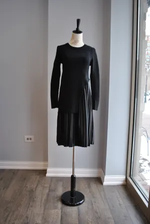 CLEARANCE - BLACK SWEATER DRESS WITH FAUX LEATHER PLEATED SLIP