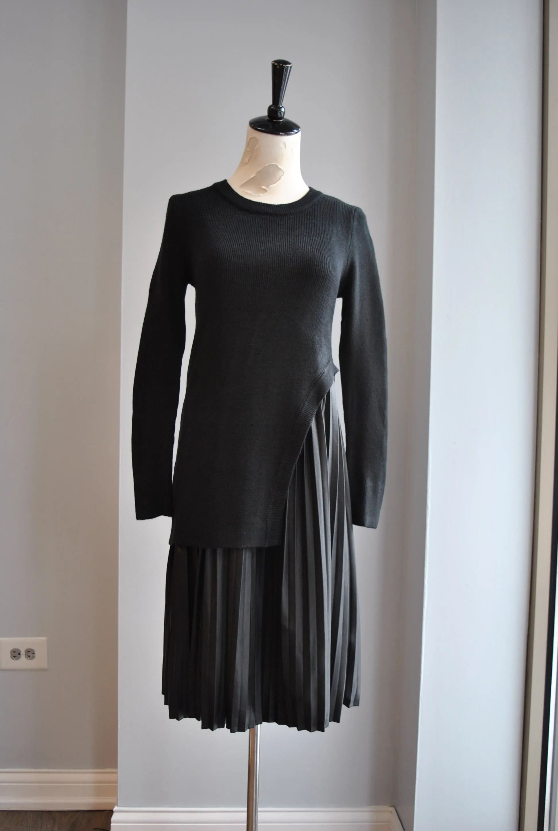 CLEARANCE - BLACK SWEATER DRESS WITH FAUX LEATHER PLEATED SLIP