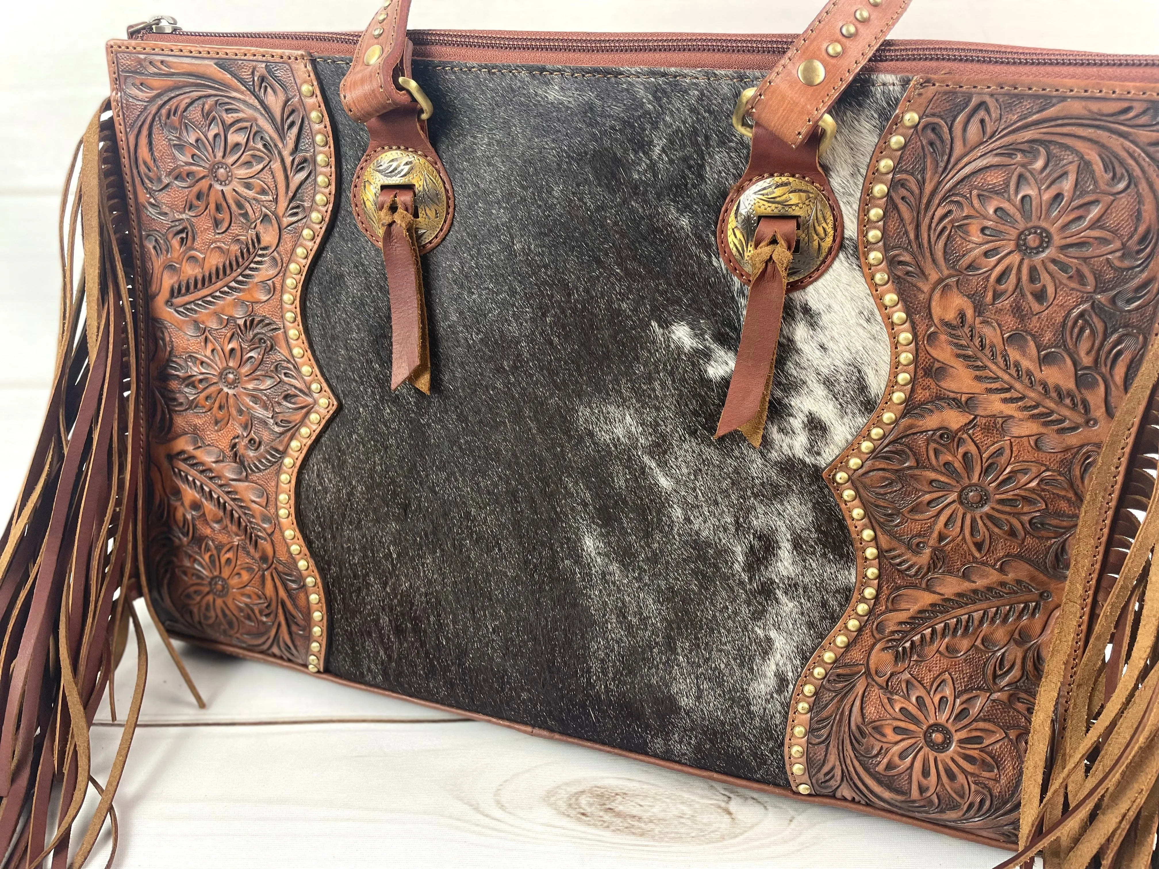 CLEARANCE! Leather Tooled, Gold Studded Hide Arm Handle Handbag