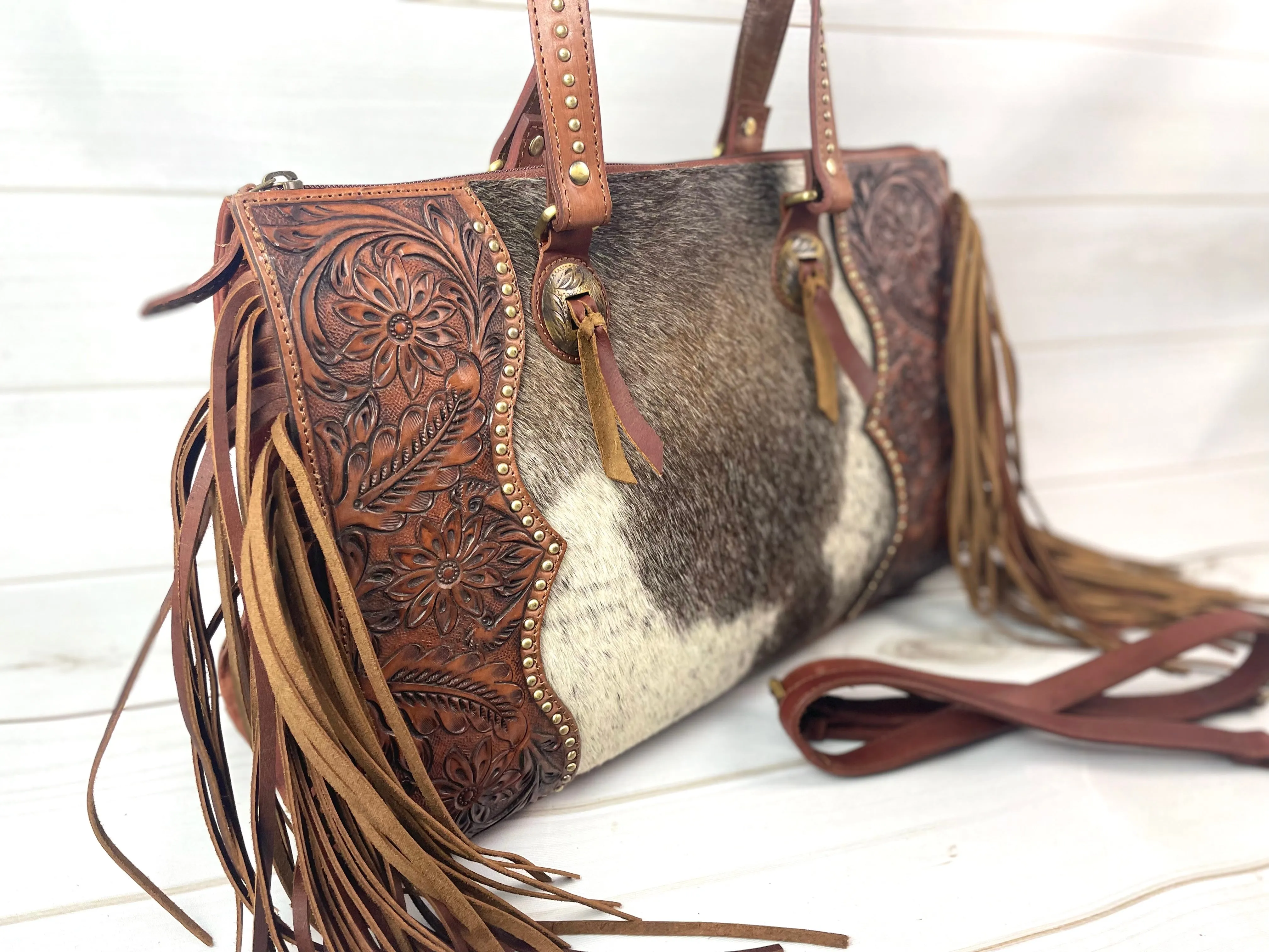 CLEARANCE! Leather Tooled, Gold Studded Hide Arm Handle Handbag