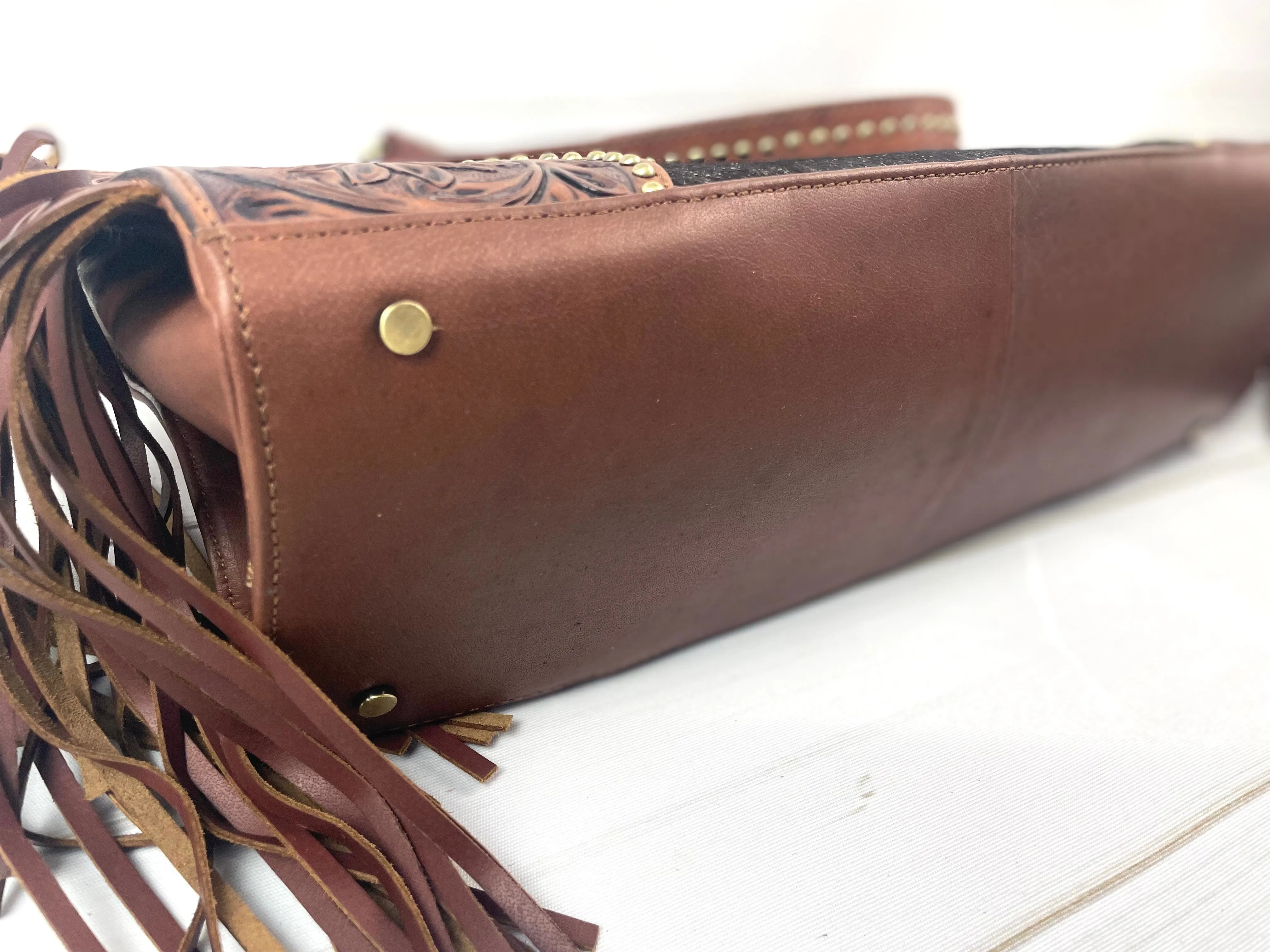 CLEARANCE! Leather Tooled, Gold Studded Hide Arm Handle Handbag