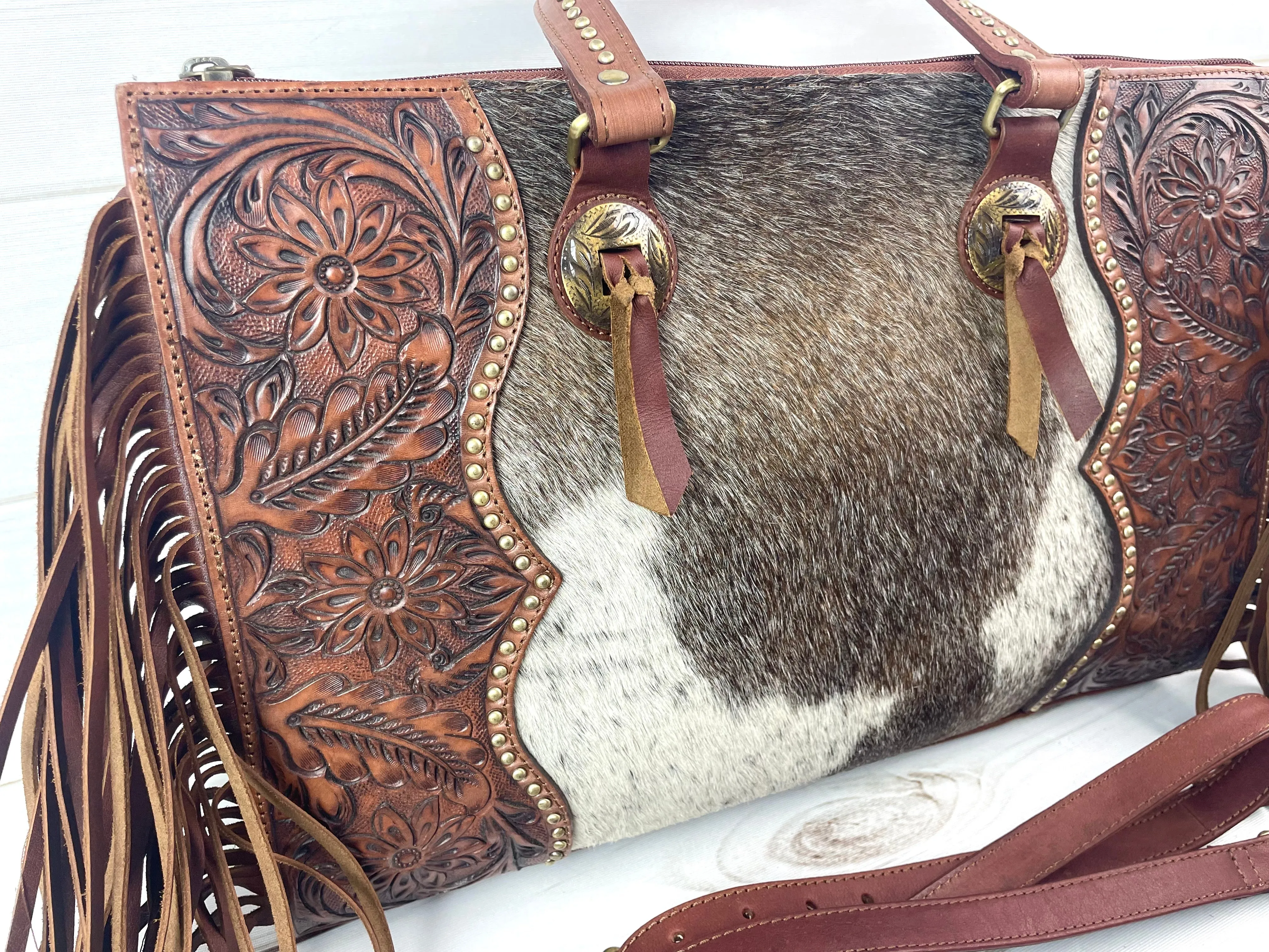CLEARANCE! Leather Tooled, Gold Studded Hide Arm Handle Handbag