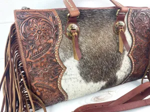 CLEARANCE! Leather Tooled, Gold Studded Hide Arm Handle Handbag