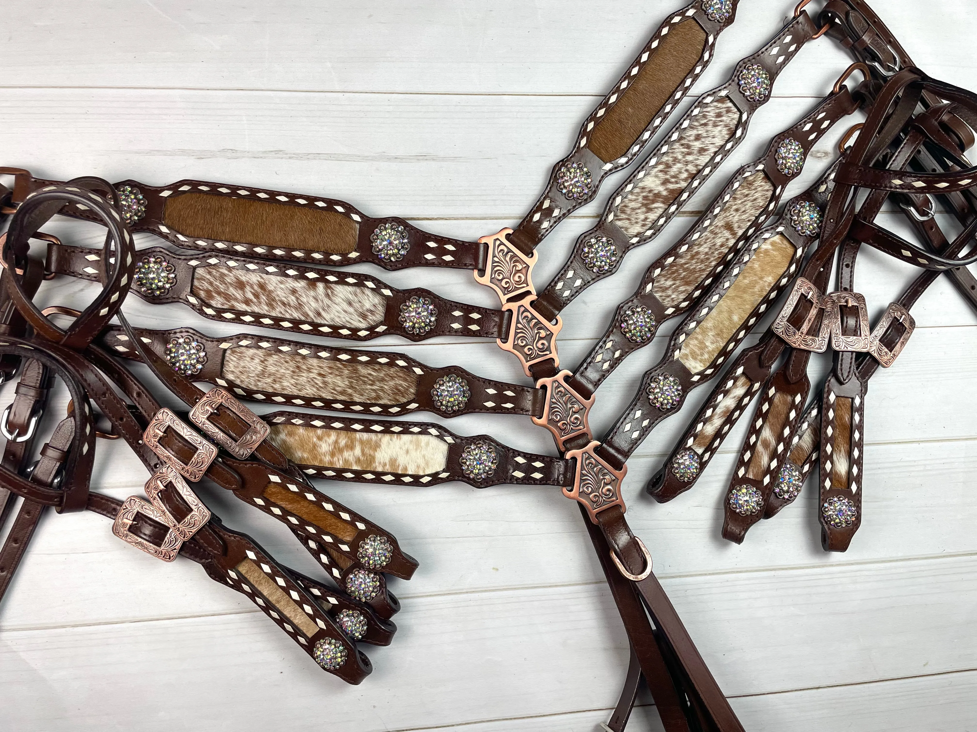 Cowhide on Dark Leather Tack Set with Buckstitch and Crystal Conchos