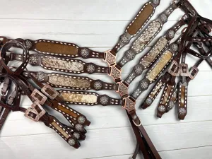 Cowhide on Dark Leather Tack Set with Buckstitch and Crystal Conchos