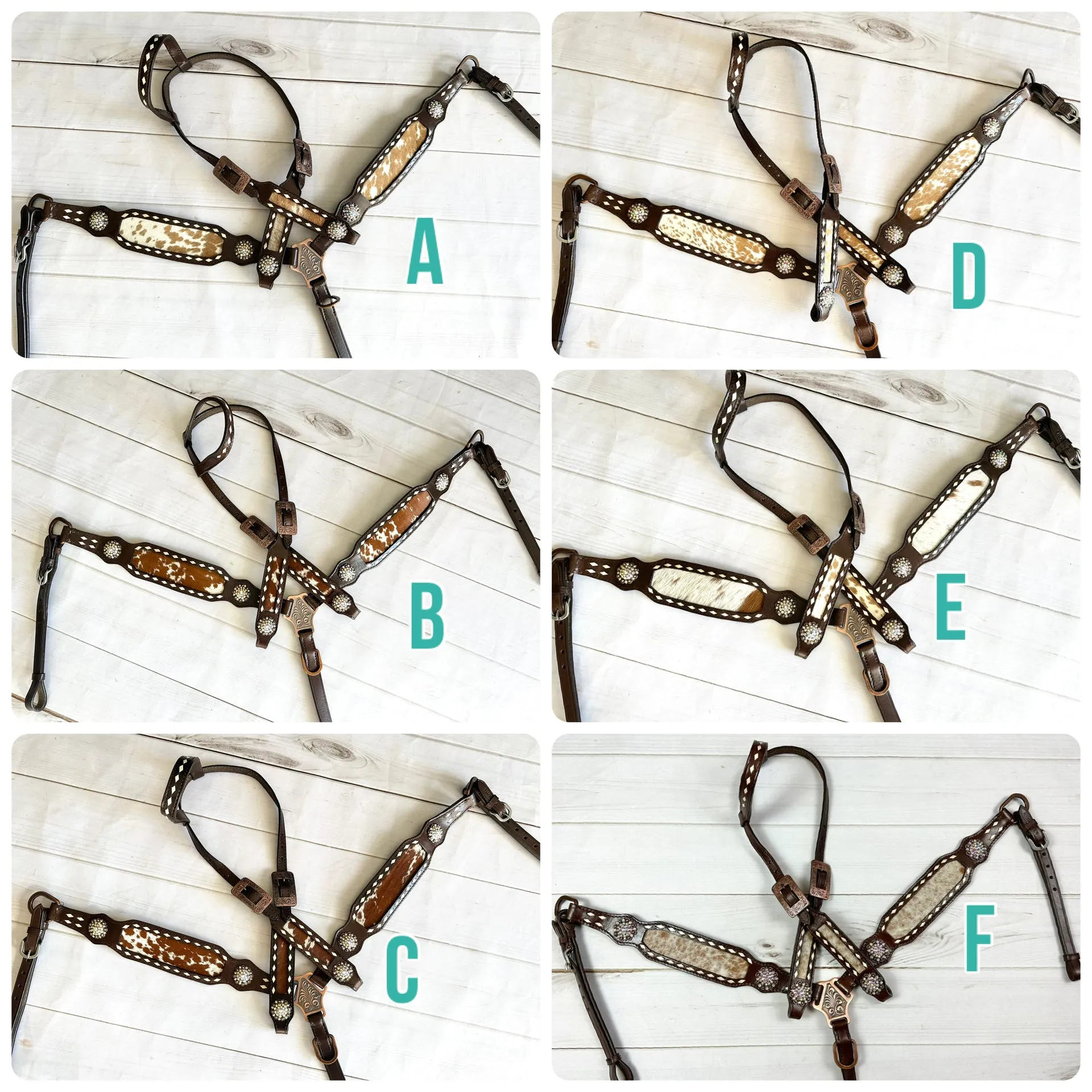Cowhide on Dark Leather Tack Set with Buckstitch and Crystal Conchos