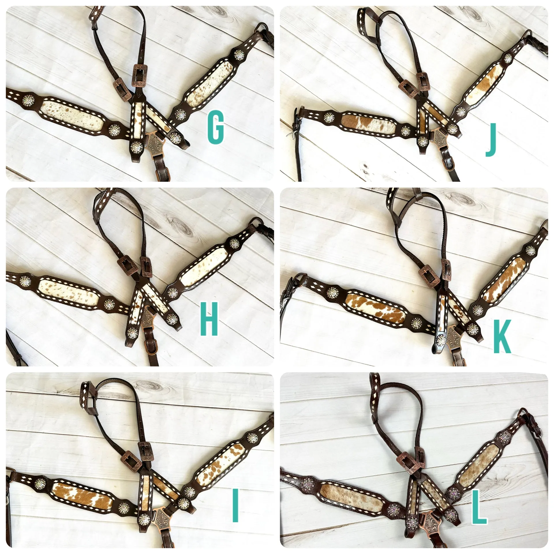Cowhide on Dark Leather Tack Set with Buckstitch and Crystal Conchos