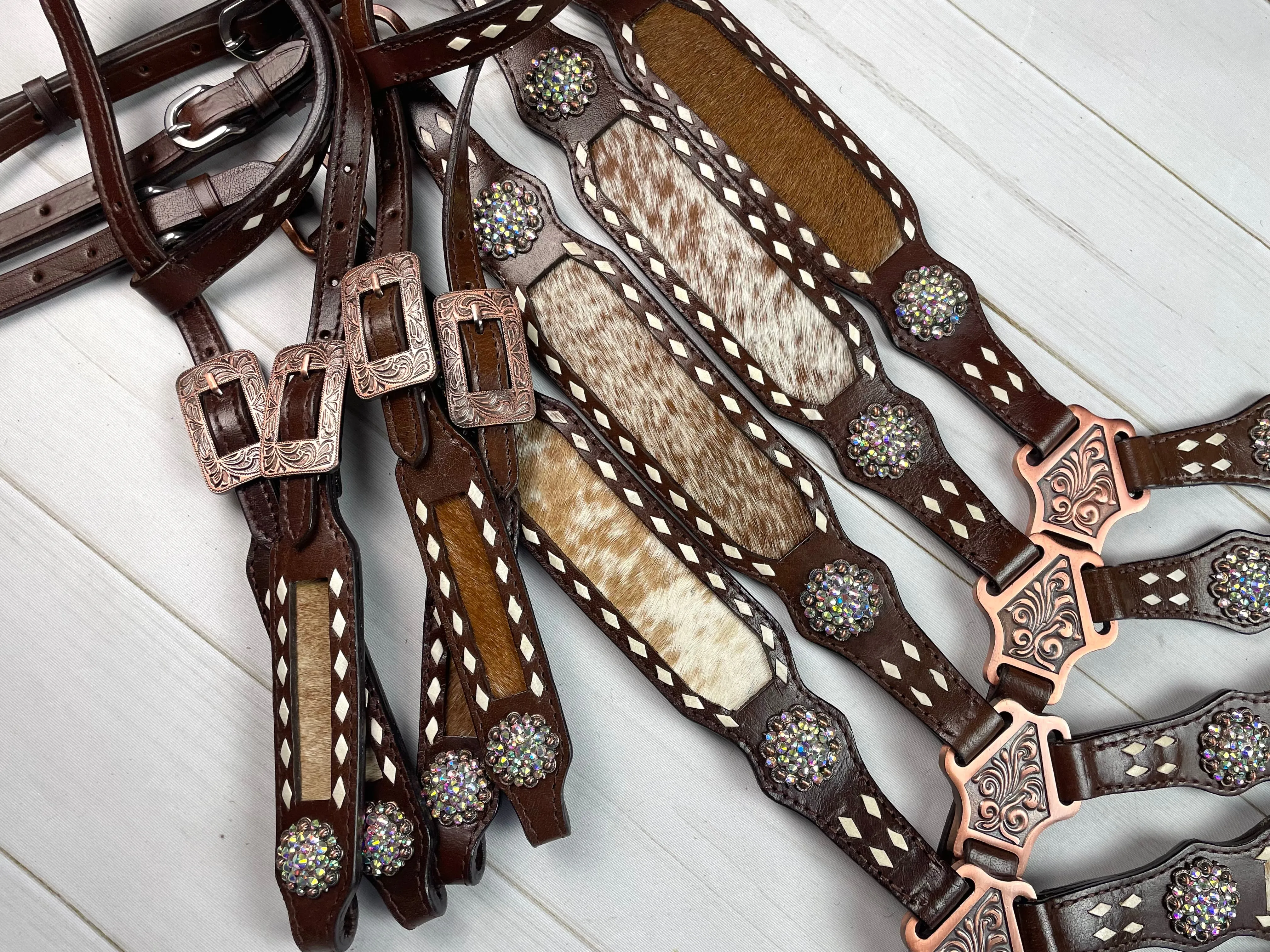 Cowhide on Dark Leather Tack Set with Buckstitch and Crystal Conchos