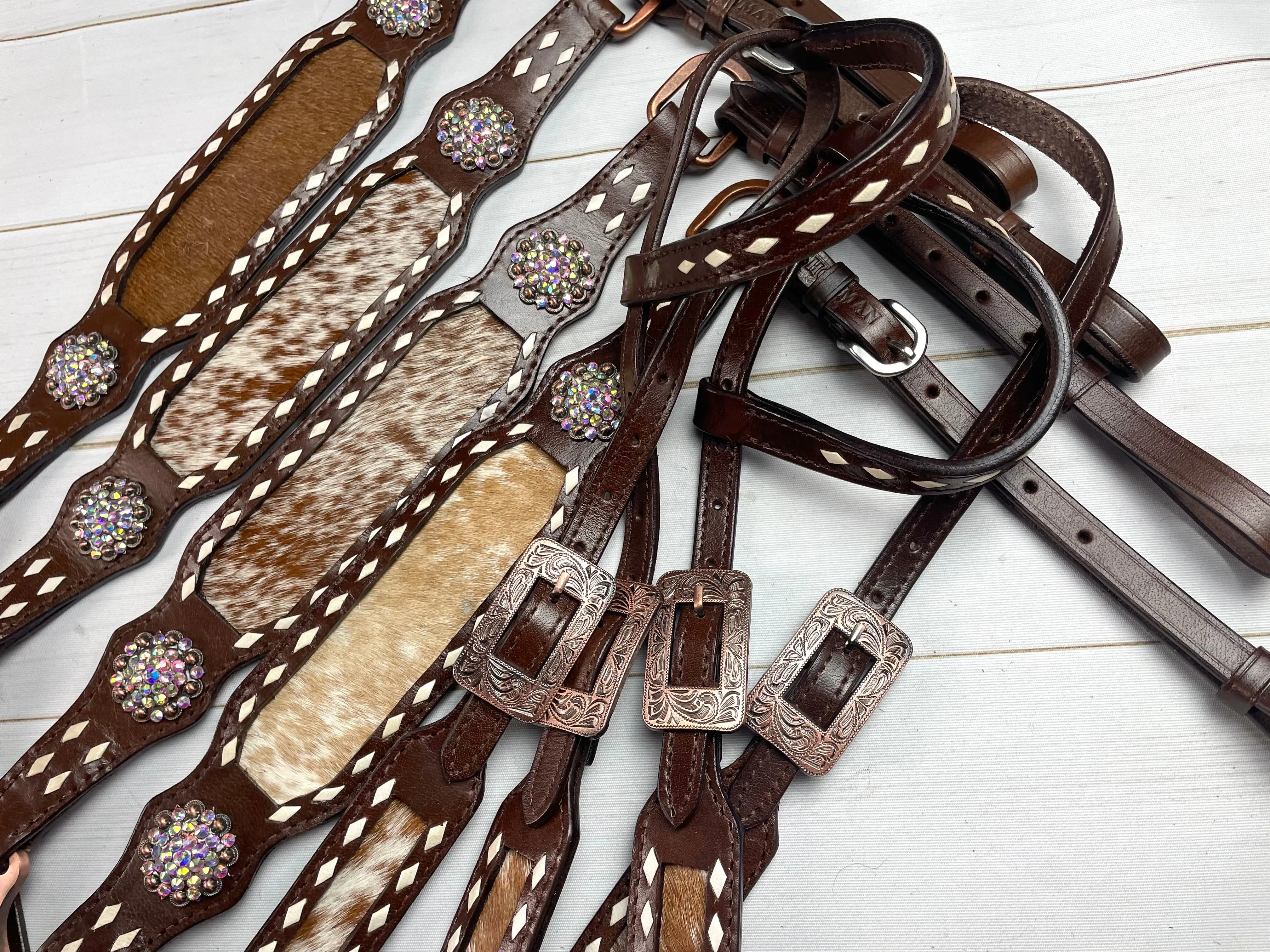 Cowhide on Dark Leather Tack Set with Buckstitch and Crystal Conchos