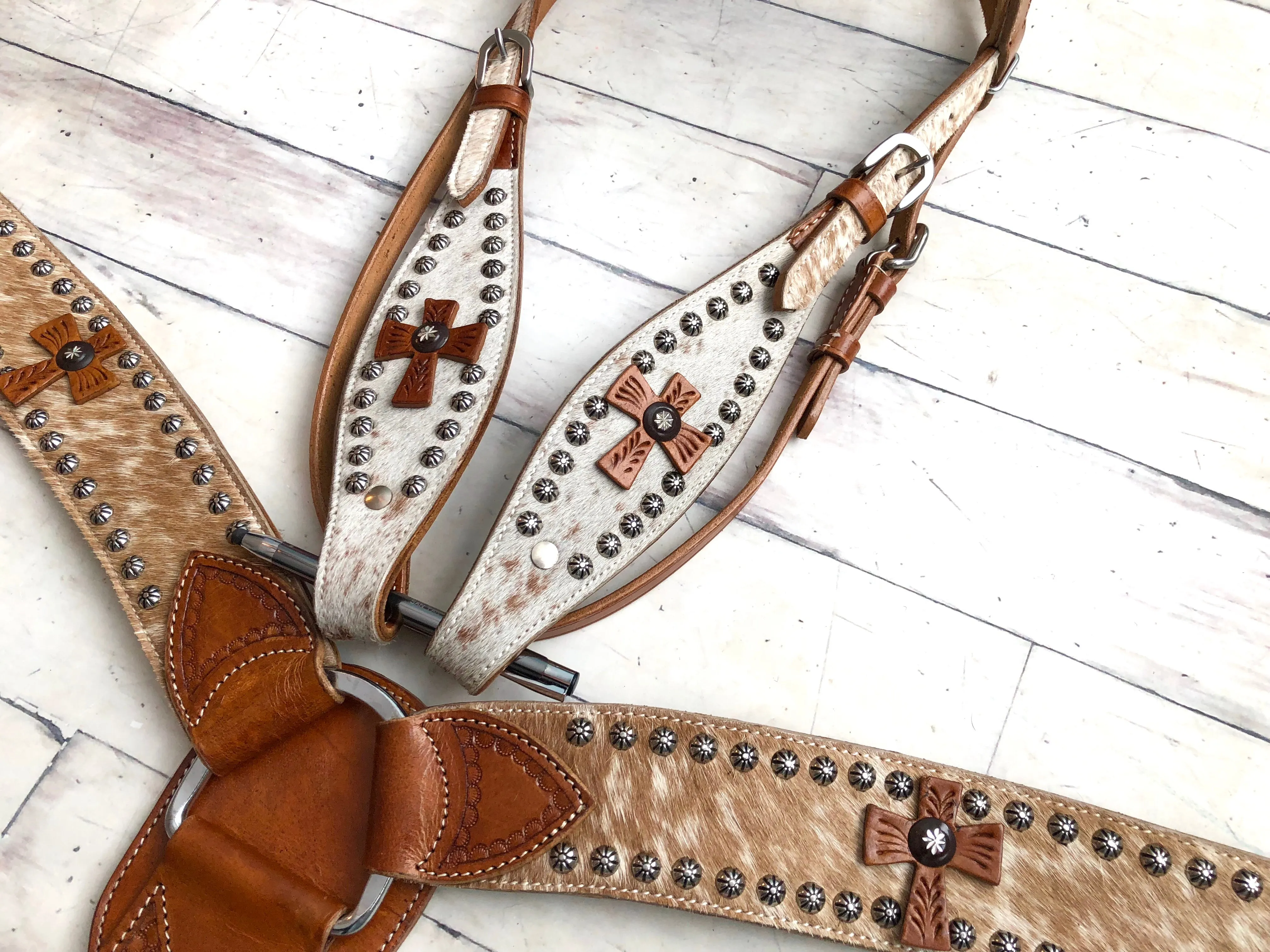 Cowhide with Leather Cross Conchos Tack Set