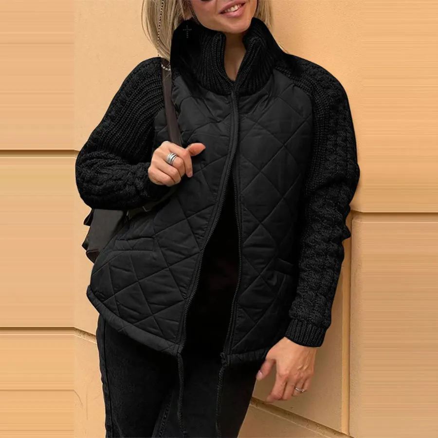 Cozy Quilted Zipper Front Stand Collar Knit Sleeve Jacket