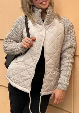 Cozy Quilted Zipper Front Stand Collar Knit Sleeve Jacket