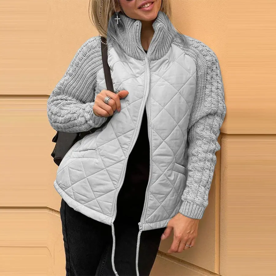 Cozy Quilted Zipper Front Stand Collar Knit Sleeve Jacket