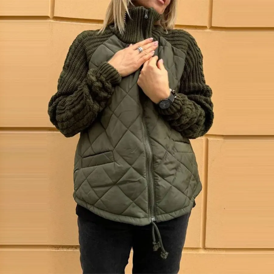 Cozy Quilted Zipper Front Stand Collar Knit Sleeve Jacket