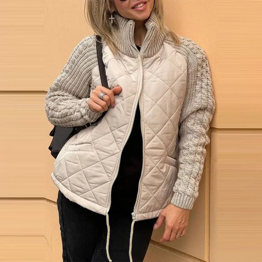 Cozy Quilted Zipper Front Stand Collar Knit Sleeve Jacket