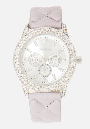 Crystal Bezel Quilted Vegan Leather Strap Watch