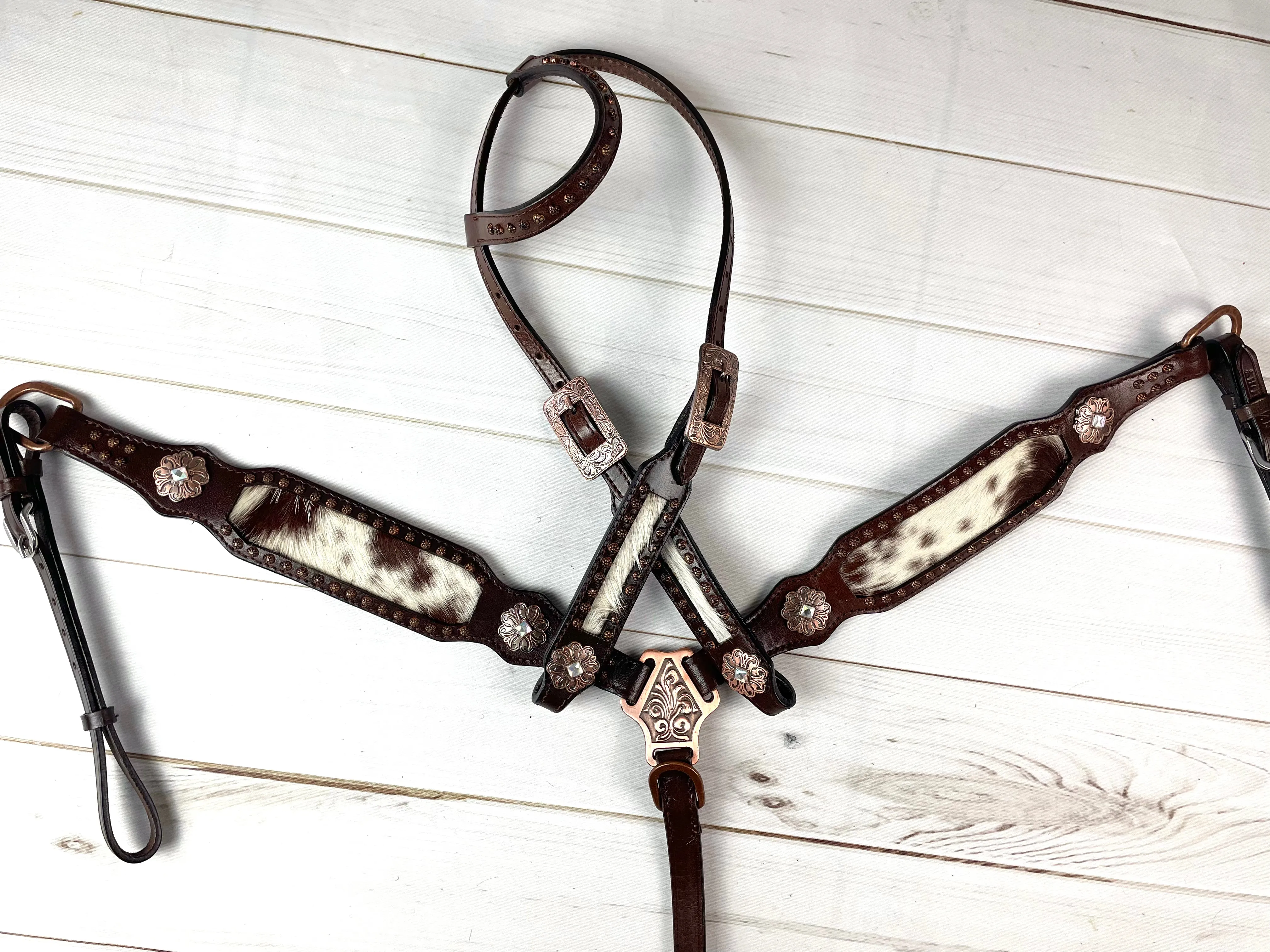 Dark Brown Leather and Cowhide Tack Set with Floral Copper Conchos