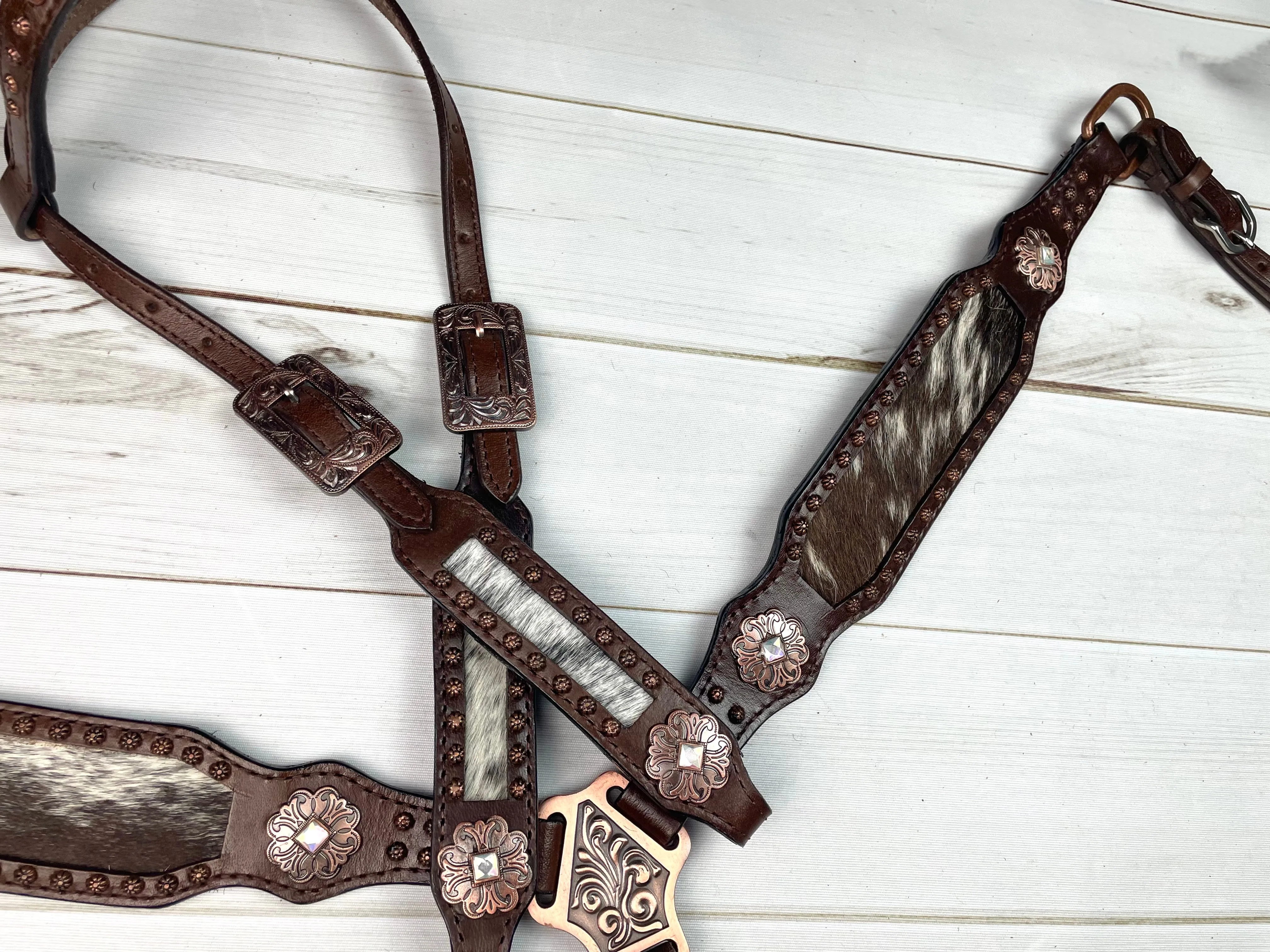 Dark Brown Leather and Cowhide Tack Set with Floral Copper Conchos