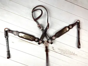 Dark Brown Leather and Cowhide Tack Set with Floral Copper Conchos