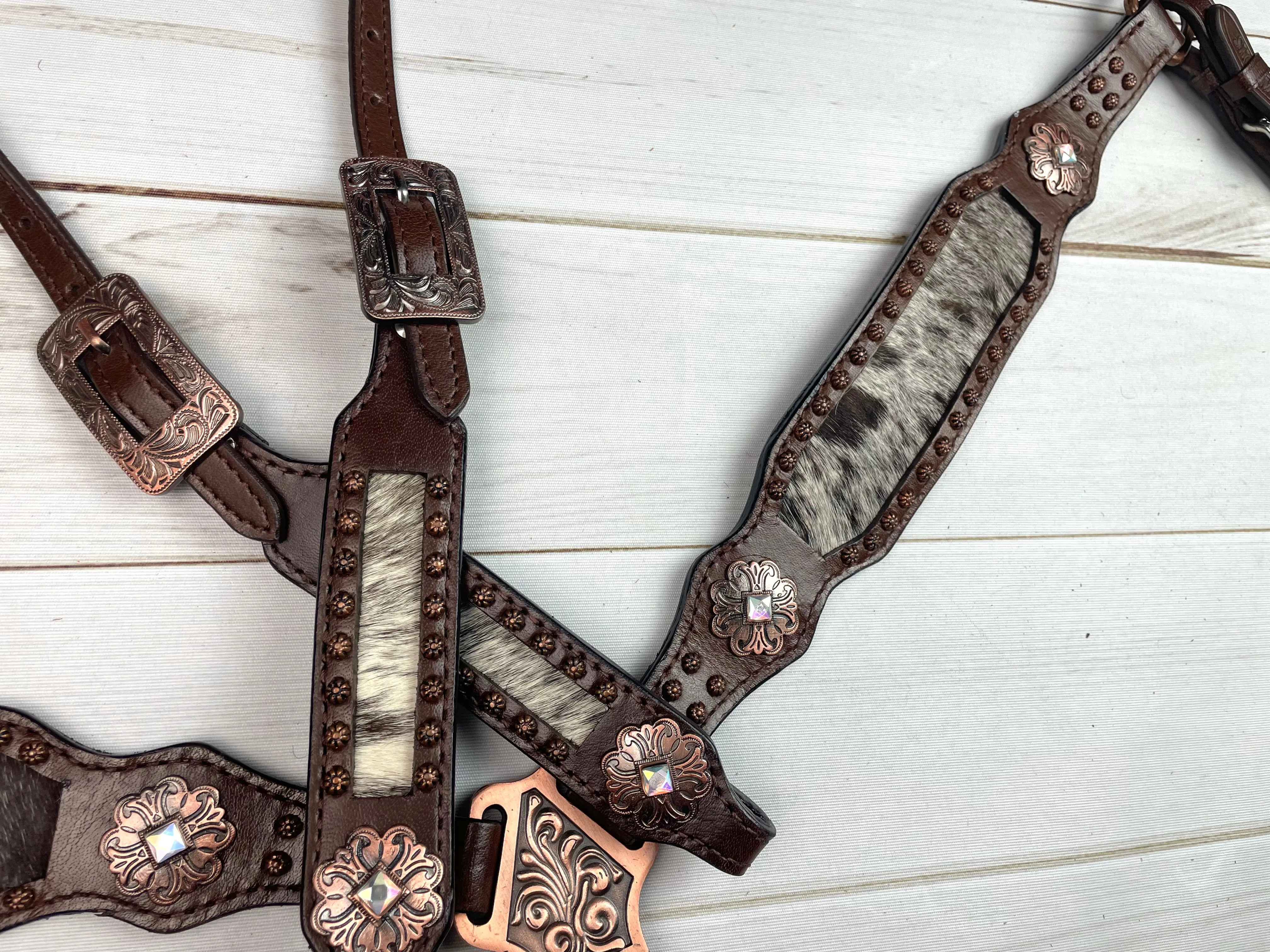 Dark Brown Leather and Cowhide Tack Set with Floral Copper Conchos