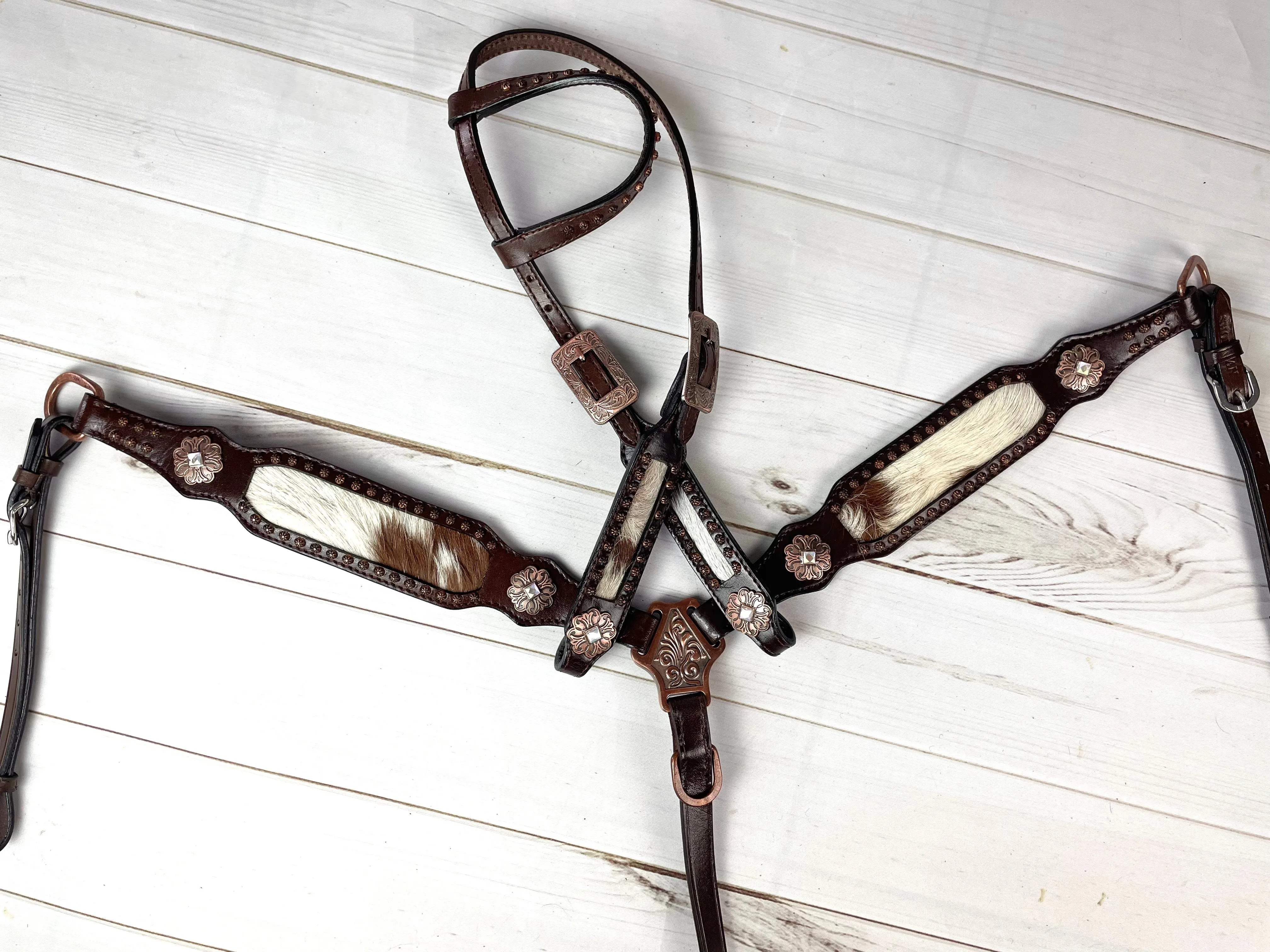 Dark Brown Leather and Cowhide Tack Set with Floral Copper Conchos