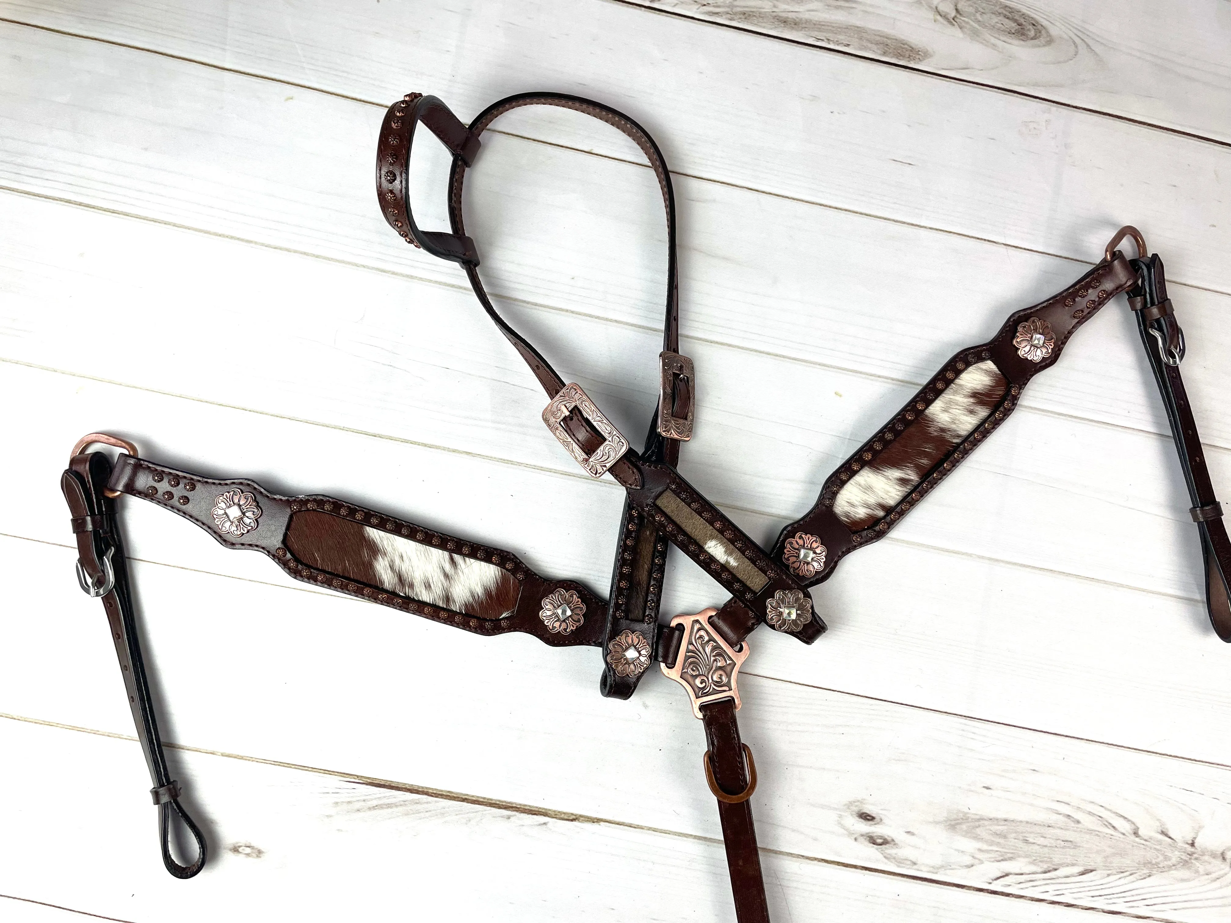 Dark Brown Leather and Cowhide Tack Set with Floral Copper Conchos