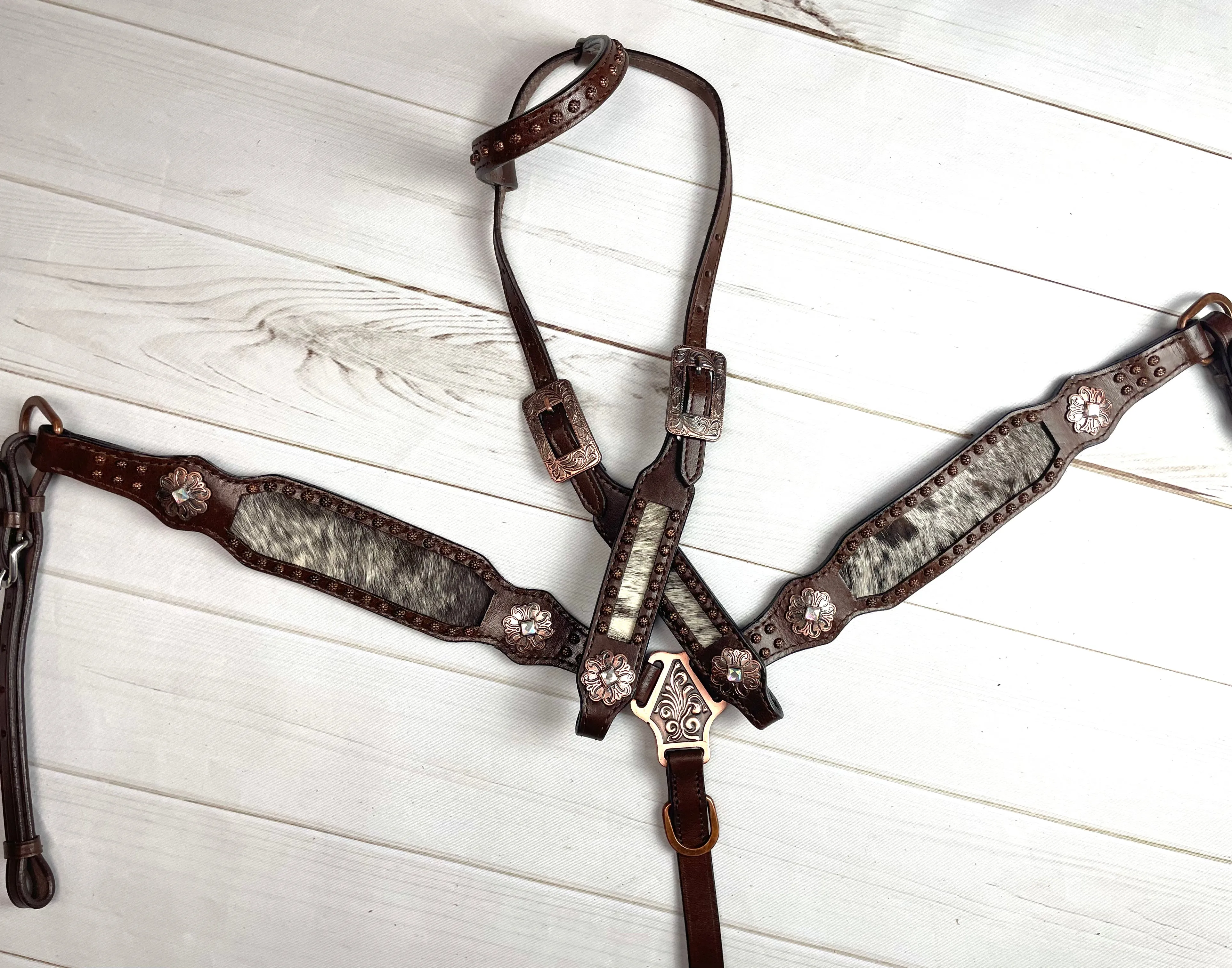 Dark Brown Leather and Cowhide Tack Set with Floral Copper Conchos