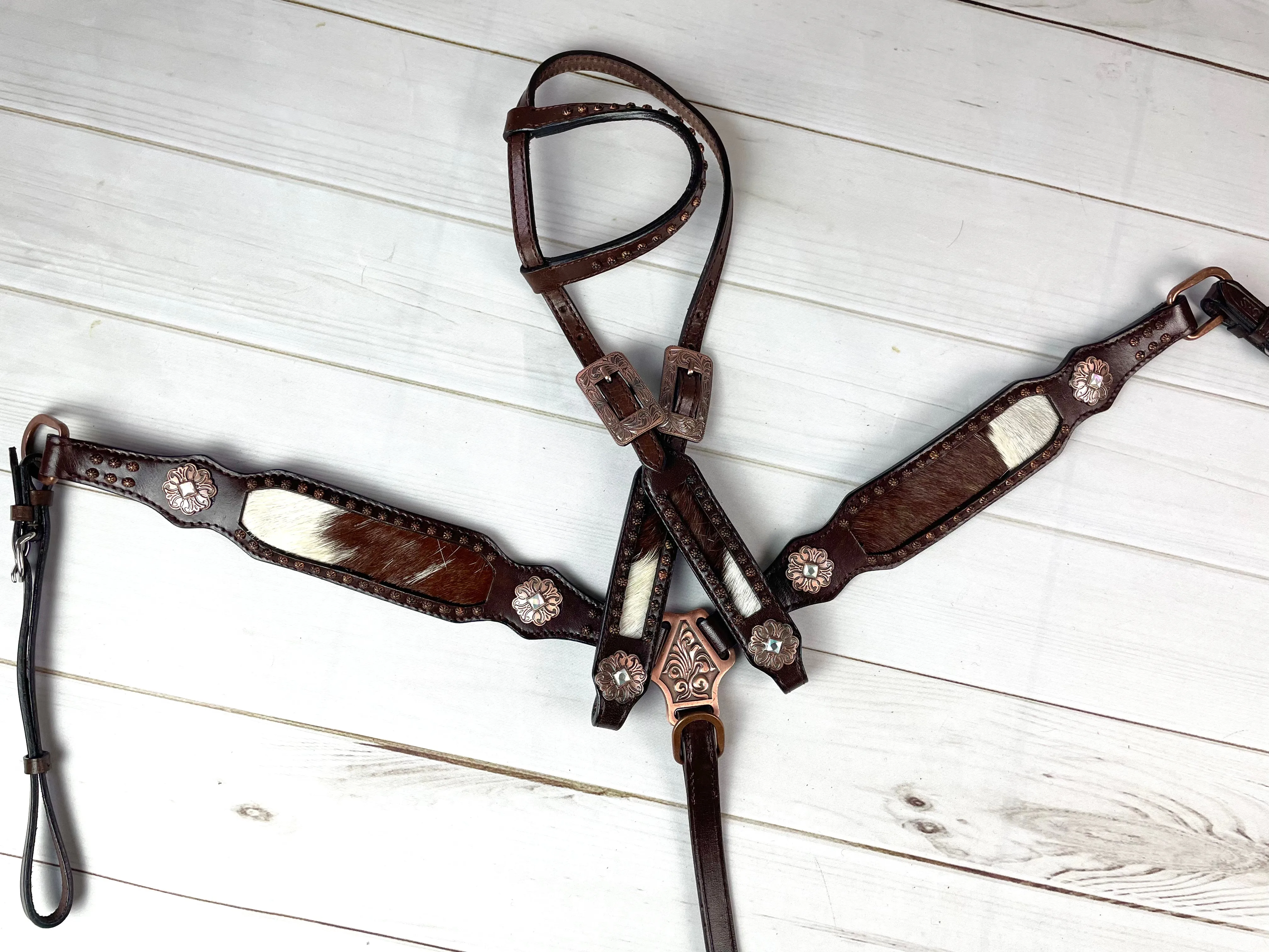 Dark Brown Leather and Cowhide Tack Set with Floral Copper Conchos