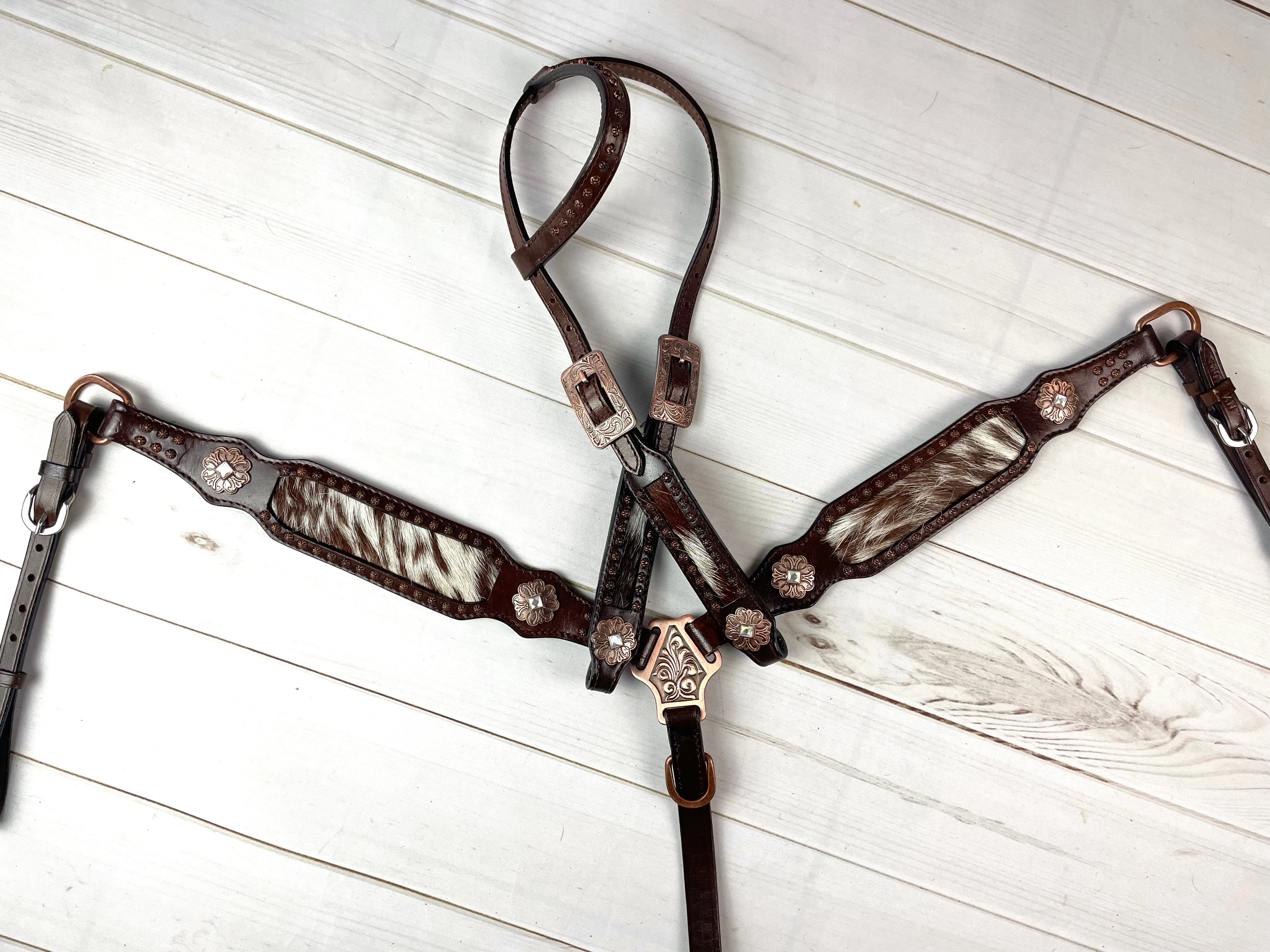 Dark Brown Leather and Cowhide Tack Set with Floral Copper Conchos