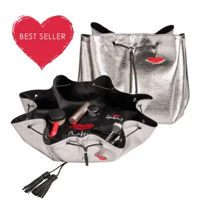 Donna May Vegan Drawstring Bag - Silver (PINK LINING)